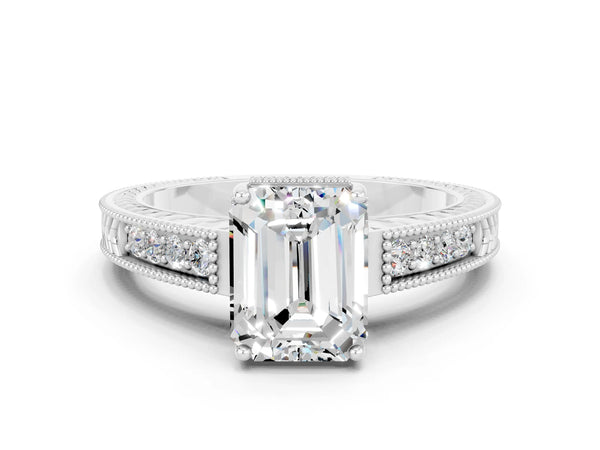 Silver Emerald Cut Moissanite Ring with Milgrain Pavé Band and Four-Prong Setting