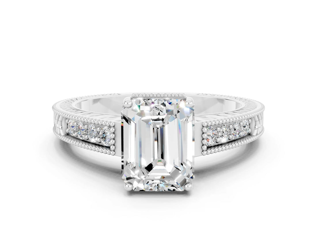 White gold Emerald Cut Moissanite Ring with Milgrain Pavé Band and Four-Prong Setting_12