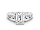 White gold Emerald Cut Moissanite Ring with Milgrain Pavé Band and Four-Prong Setting_12