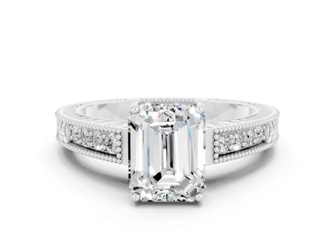 White gold Emerald Cut Moissanite Ring with Milgrain Pavé Band and Four-Prong Setting_12