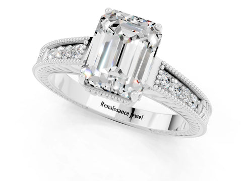 White gold Emerald Cut Moissanite Ring with Milgrain Pavé Band and Four-Prong Setting_13