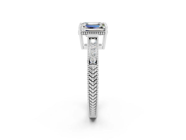Silver Emerald Cut Moissanite Ring with Milgrain Pavé Band and Four-Prong Setting