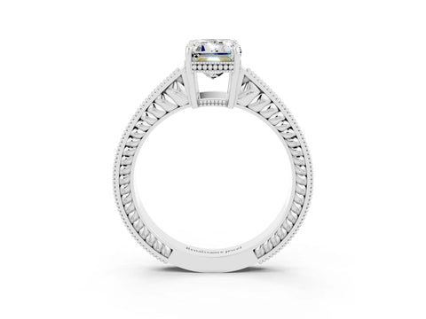 White gold Emerald Cut Moissanite Ring with Milgrain Pavé Band and Four-Prong Setting_15