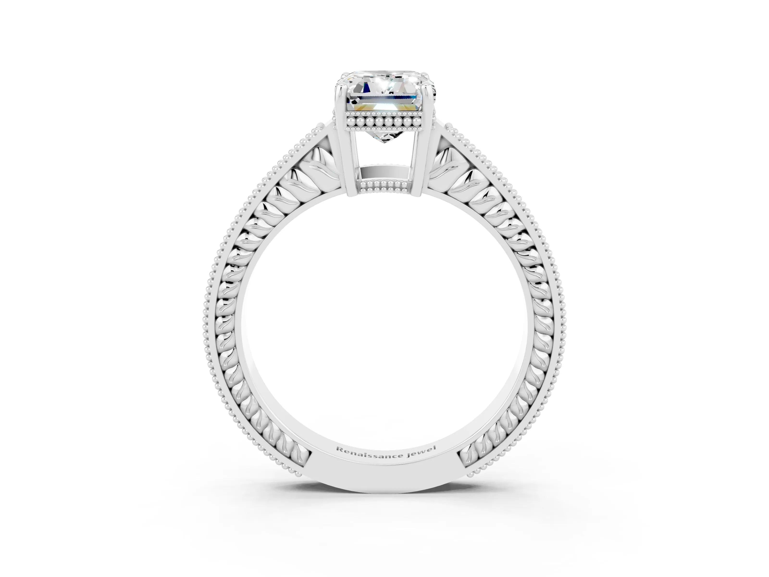White gold Emerald Cut Moissanite Ring with Milgrain Pavé Band and Four-Prong Setting_15