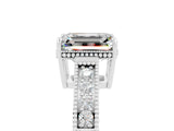 White gold Emerald Cut Moissanite Ring with Milgrain Pavé Band and Four-Prong Setting_17
