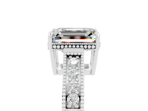 White gold Emerald Cut Moissanite Ring with Milgrain Pavé Band and Four-Prong Setting_17