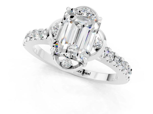 White gold Emerald Cut Moissanite Ring with Pavé Band and Floral Prong Setting