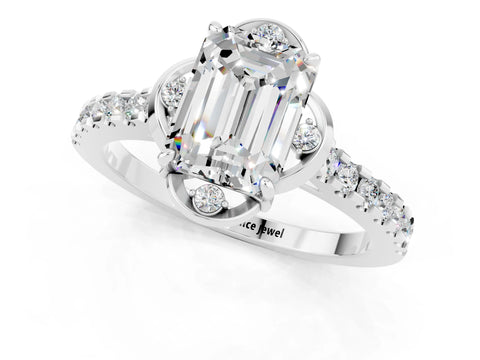 White gold Emerald Cut Moissanite Ring with Pavé Band and Floral Prong Setting_1