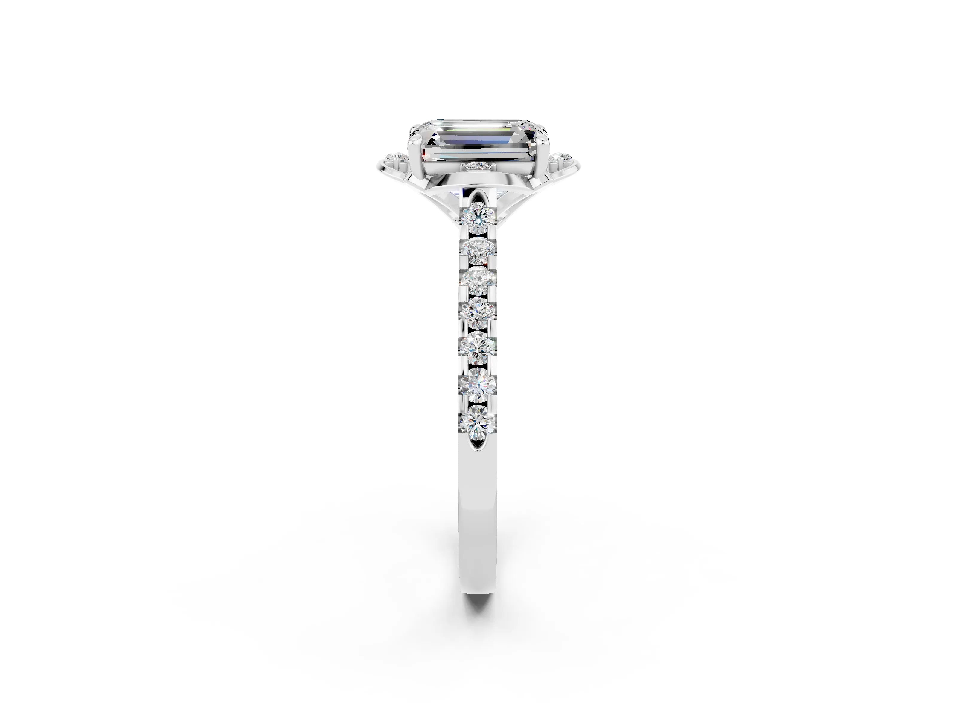 White gold Emerald Cut Moissanite Ring with Pavé Band and Floral Prong Setting_2