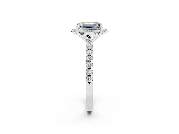 Silver Emerald Cut Moissanite Ring with Pavé Band and Floral Prong Setting