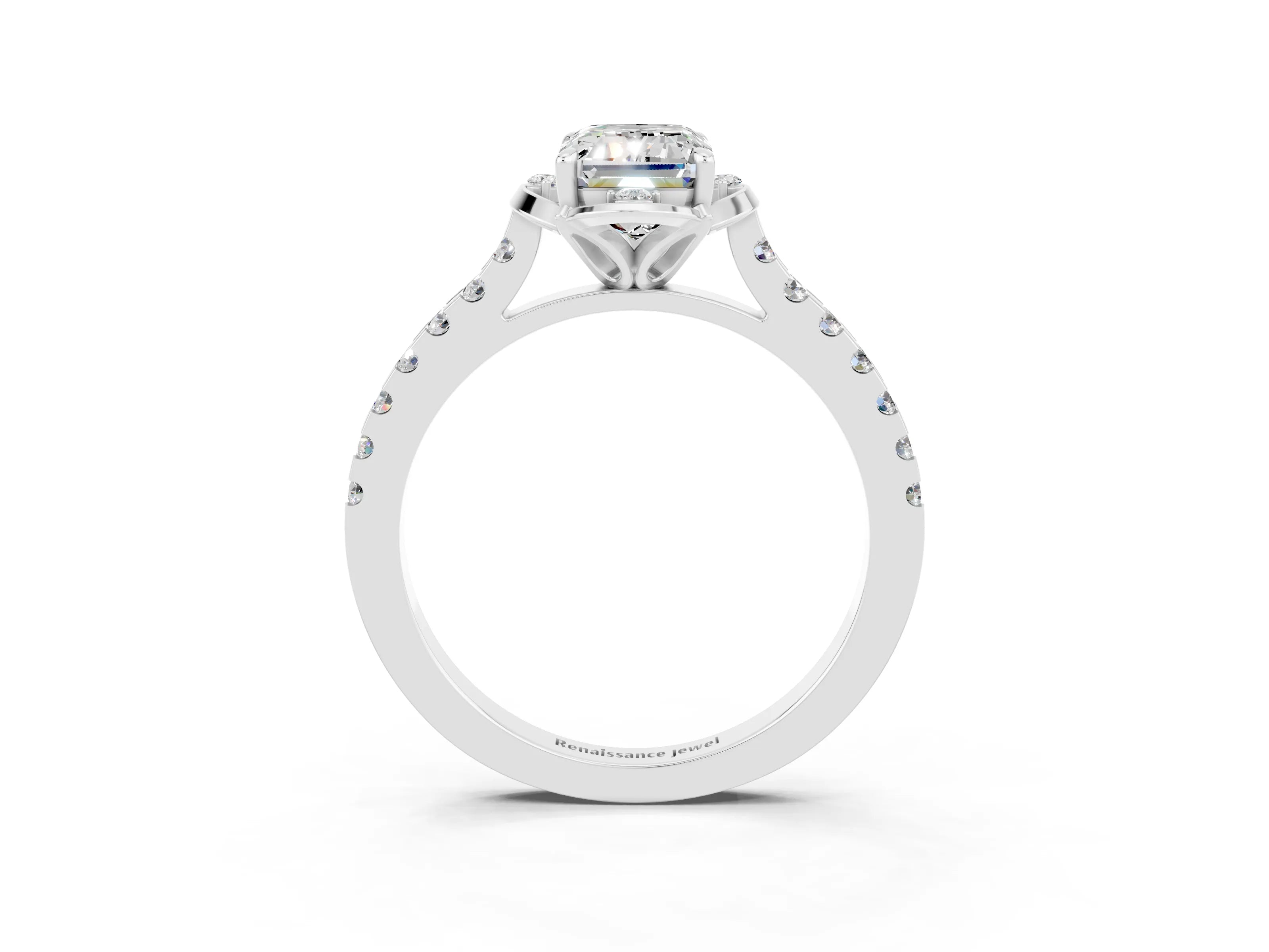 White gold Emerald Cut Moissanite Ring with Pavé Band and Floral Prong Setting_3