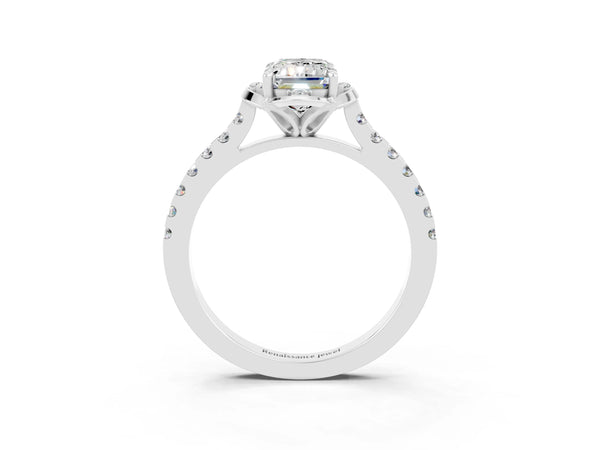 Platinum Emerald Cut Moissanite Ring with Pavé Band and Floral Prong Setting