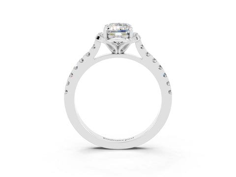 White gold Emerald Cut Moissanite Ring with Pavé Band and Floral Prong Setting_3