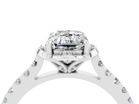 White gold Emerald Cut Moissanite Ring with Pavé Band and Floral Prong Setting_4