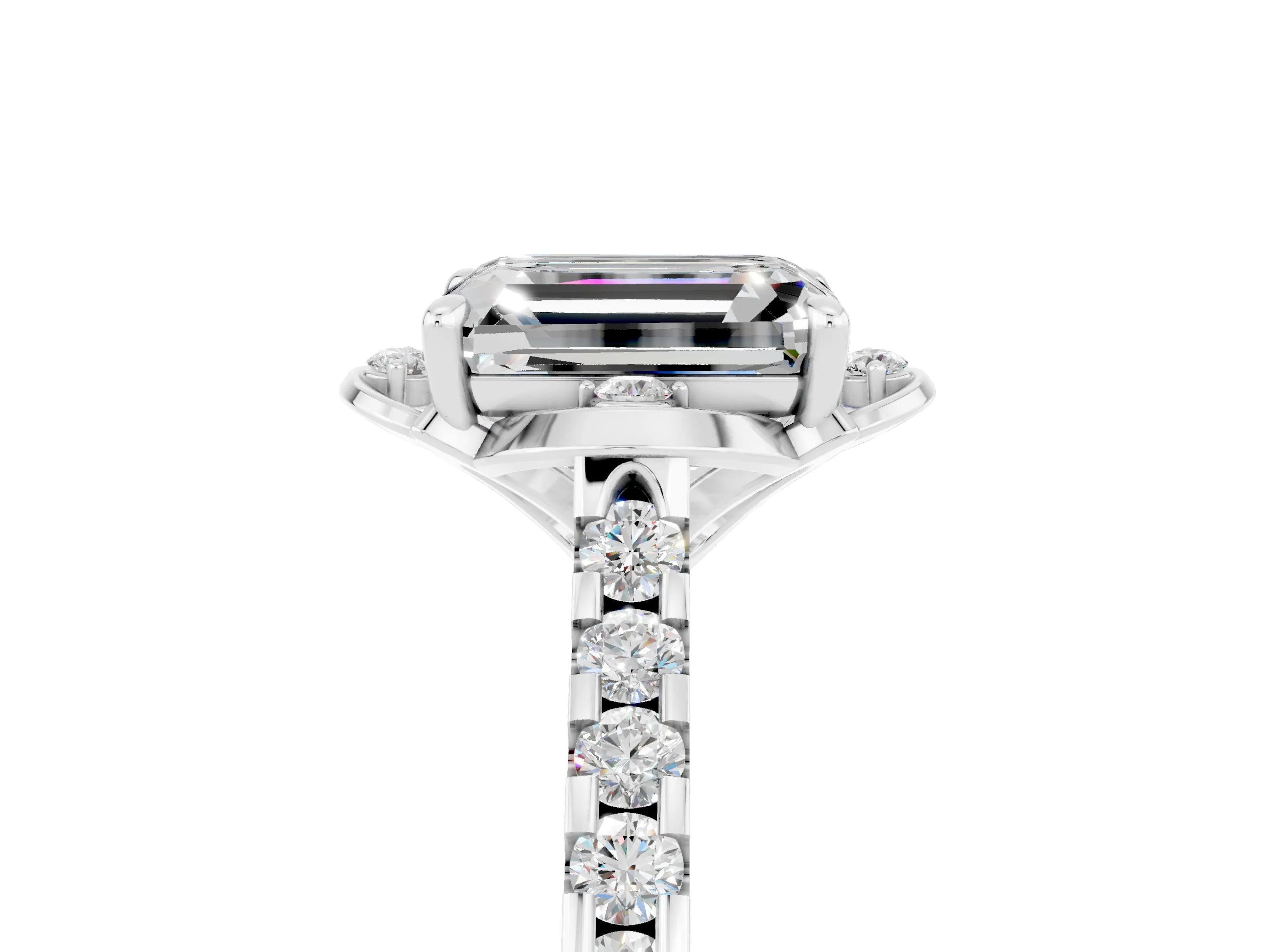 White gold Emerald Cut Moissanite Ring with Pavé Band and Floral Prong Setting_5