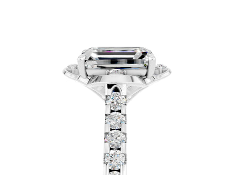 White gold Emerald Cut Moissanite Ring with Pavé Band and Floral Prong Setting_5