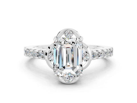 White gold Emerald Cut Moissanite Ring with Pavé Band and Floral Prong Setting