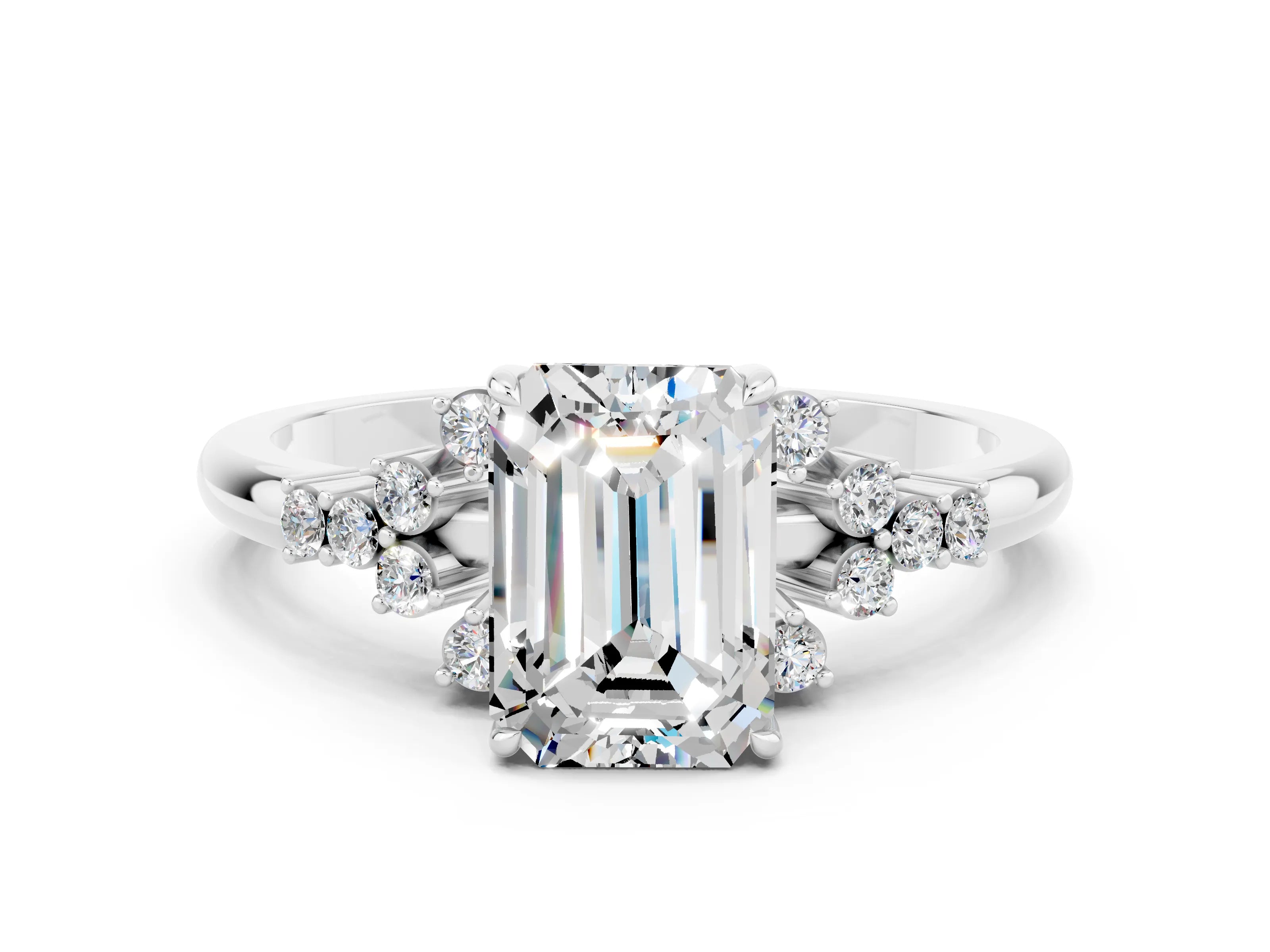 White gold Emerald Cut Moissanite Ring with Side Stones and Four-Prong Setting_36