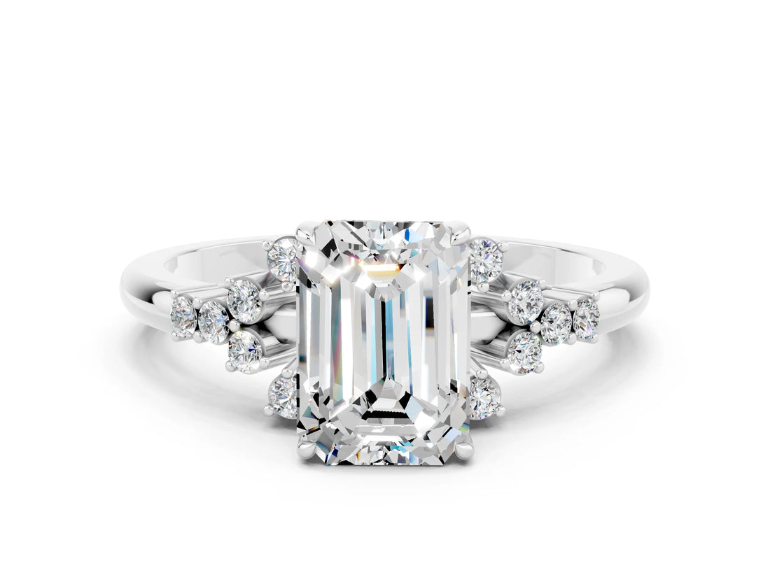 White gold Emerald Cut Moissanite Ring with Side Stones and Four-Prong Setting_36