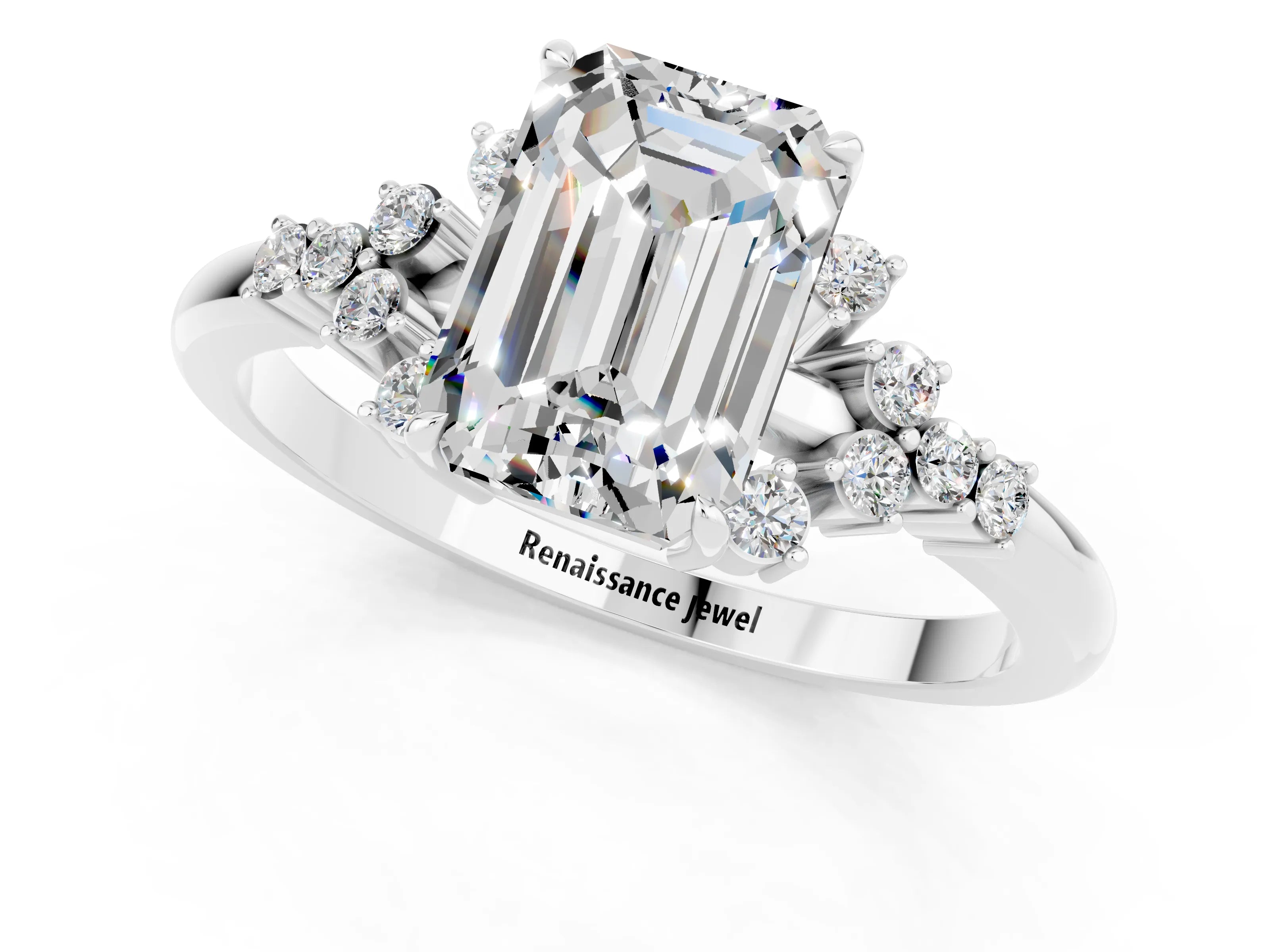 White gold Emerald Cut Moissanite Ring with Side Stones and Four-Prong Setting_37