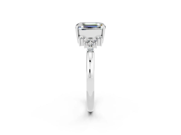White gold Emerald Cut Moissanite Ring with Side Stones and Four-Prong Setting