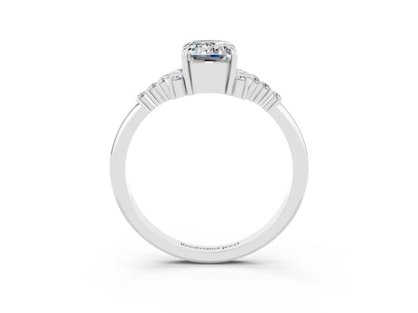 Platinum Emerald Cut Moissanite Ring with Side Stones and Four-Prong Setting