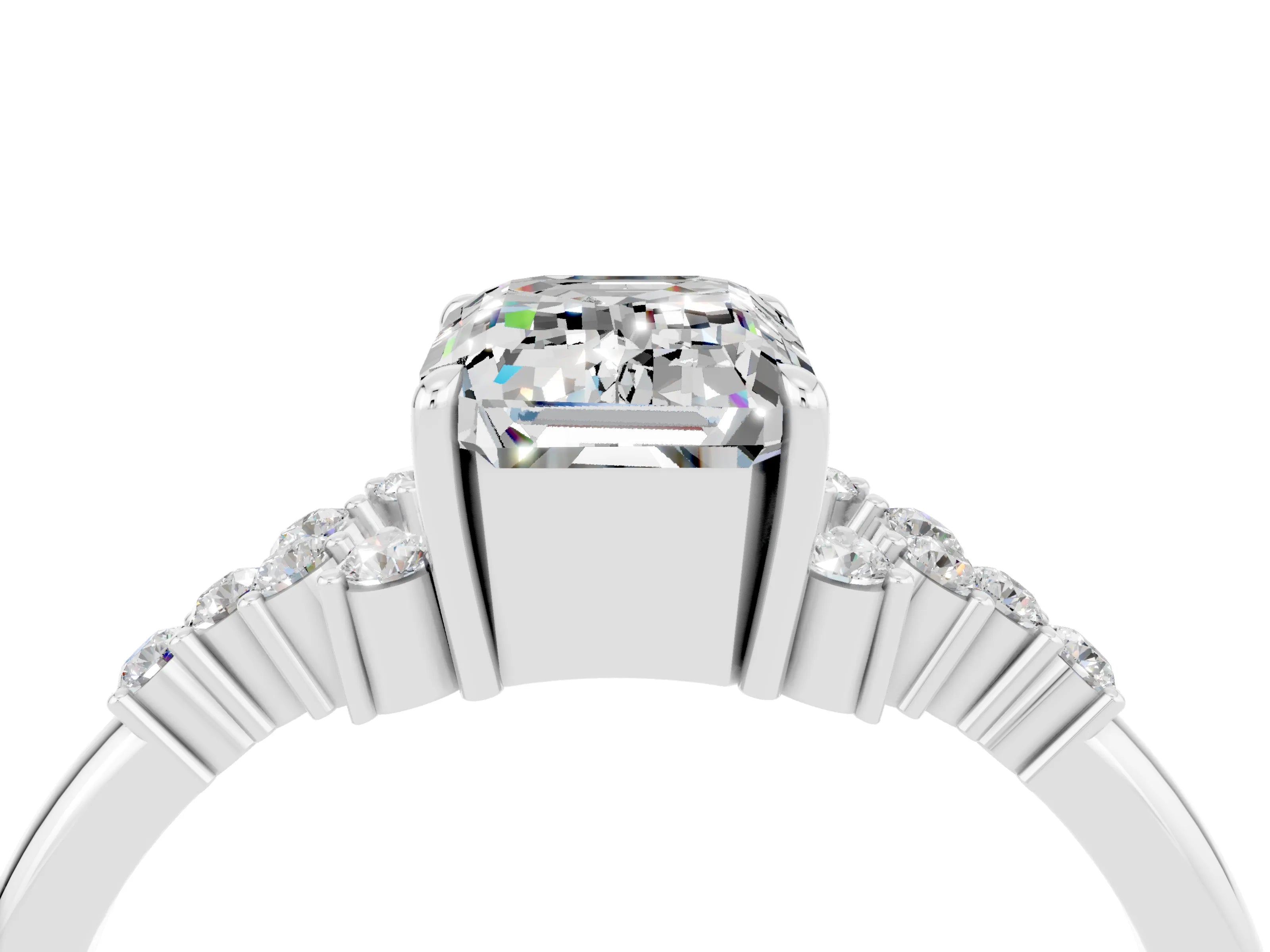 White gold Emerald Cut Moissanite Ring with Side Stones and Four-Prong Setting_40
