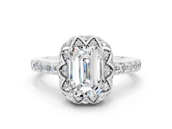 Silver Emerald Cut Moissanite Scalloped Halo Engagement Ring with Round Shared Prong Band