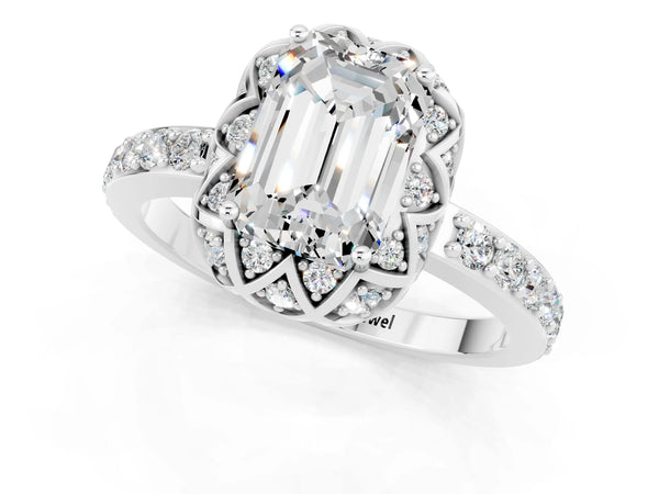 Silver Emerald Cut Moissanite Scalloped Halo Engagement Ring with Round Shared Prong Band