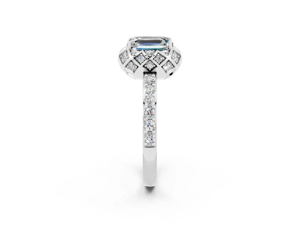 Platinum Emerald Cut Moissanite Scalloped Halo Engagement Ring with Round Shared Prong Band