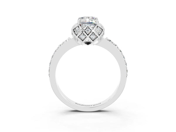 Platinum Emerald Cut Moissanite Scalloped Halo Engagement Ring with Round Shared Prong Band