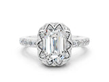 White gold Emerald Cut Moissanite Scalloped Halo Engagement Ring with Round Shared Prong Band_24