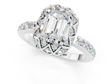White gold Emerald Cut Moissanite Scalloped Halo Engagement Ring with Round Shared Prong Band_25