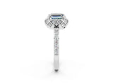 White gold Emerald Cut Moissanite Scalloped Halo Engagement Ring with Round Shared Prong Band_26