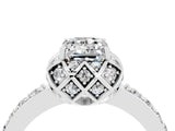 White gold Emerald Cut Moissanite Scalloped Halo Engagement Ring with Round Shared Prong Band_28