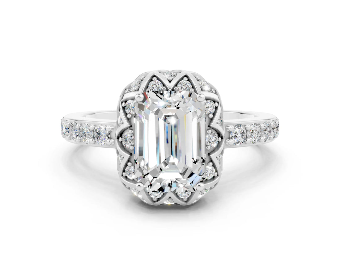 White gold Emerald Cut Moissanite Scalloped Halo Engagement Ring with Round Shared Prong Band_36