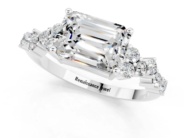 Platinum Emerald Cut Moissanite Scattered Round Accent Ring with Prong Setting