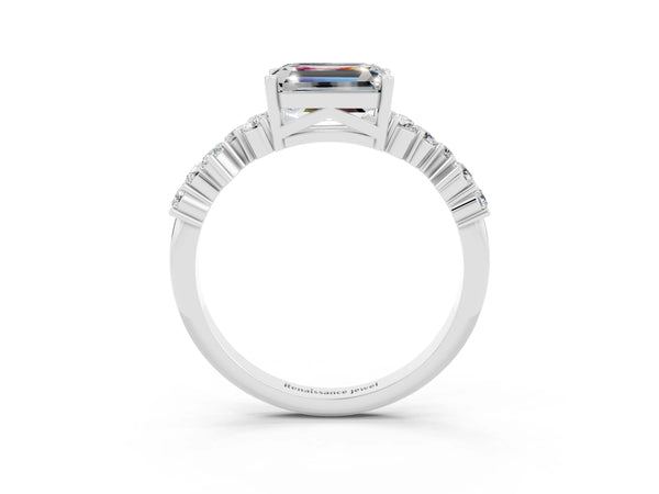 Silver Emerald Cut Moissanite Scattered Round Accent Ring with Prong Setting