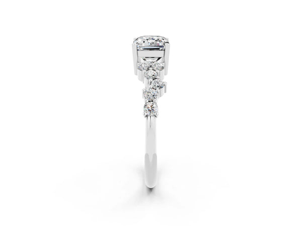 White gold Emerald Cut Moissanite Scattered Round Accent Ring with Prong Setting