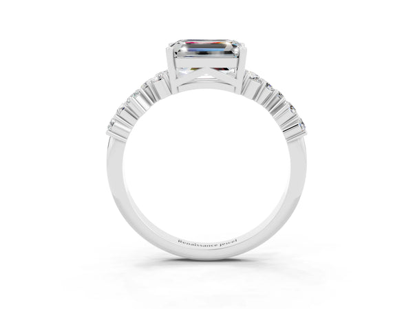 White gold Emerald Cut Moissanite Scattered Round Accent Ring with Prong Setting