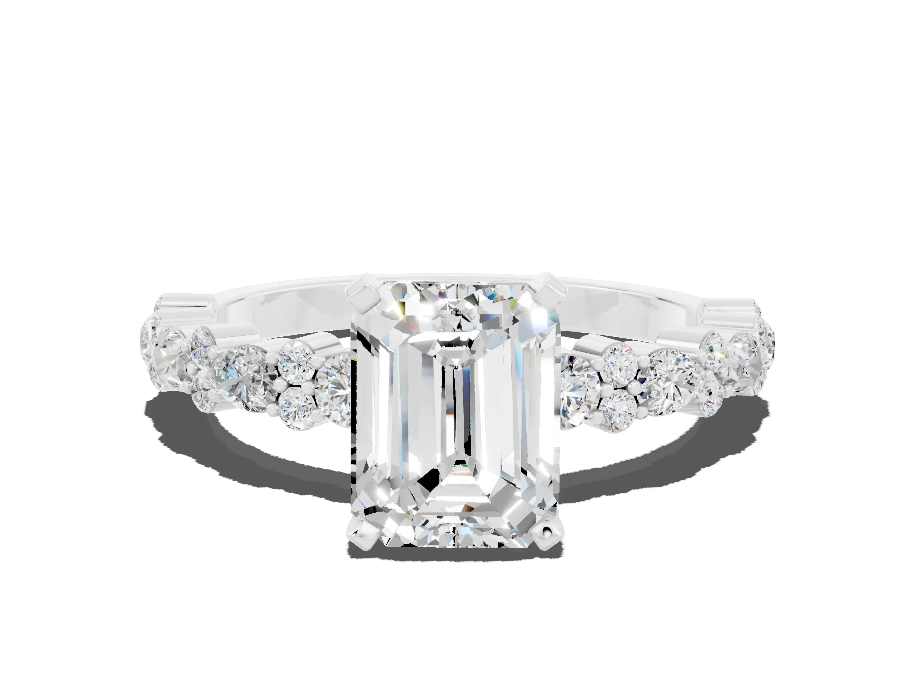 White gold Emerald Cut Moissanite Side Stone Solitaire Ring with Round  and Four-Prong Setting_60