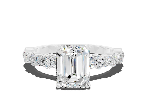 White gold Emerald Cut Moissanite Side Stone Solitaire Ring with Round  and Four-Prong Setting
