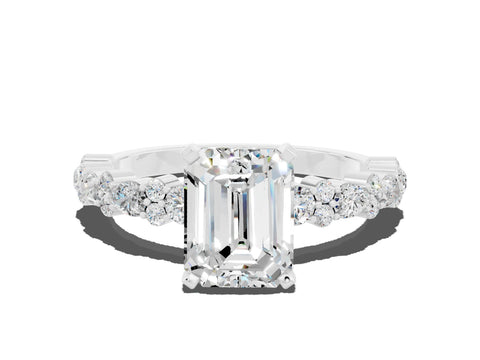 White gold Emerald Cut Moissanite Side Stone Solitaire Ring with Round  and Four-Prong Setting_60