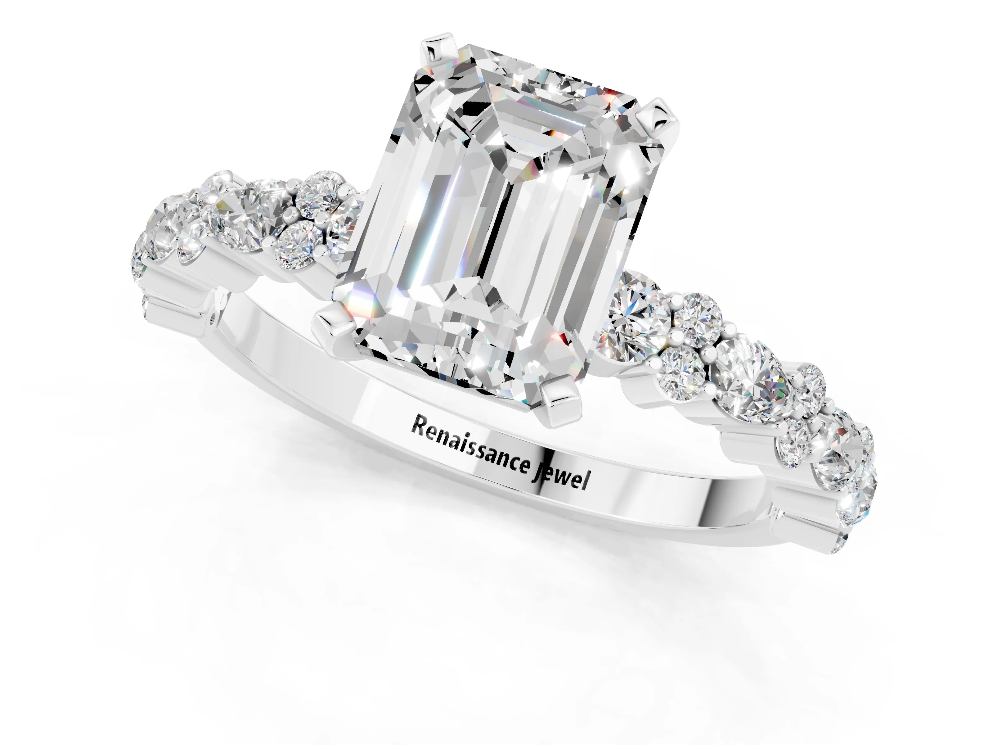 White gold Emerald Cut Moissanite Side Stone Solitaire Ring with Round  and Four-Prong Setting_61