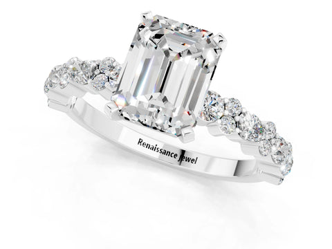 White gold Emerald Cut Moissanite Side Stone Solitaire Ring with Round  and Four-Prong Setting_61