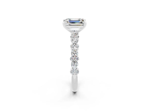 Silver Emerald Cut Moissanite Side Stone Solitaire Ring with Round  and Four-Prong Setting