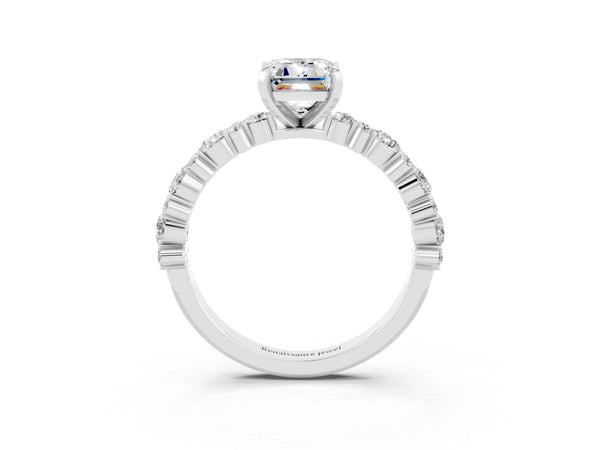 Silver Emerald Cut Moissanite Side Stone Solitaire Ring with Round  and Four-Prong Setting