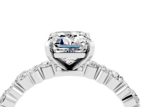 White gold Emerald Cut Moissanite Side Stone Solitaire Ring with Round  and Four-Prong Setting_64