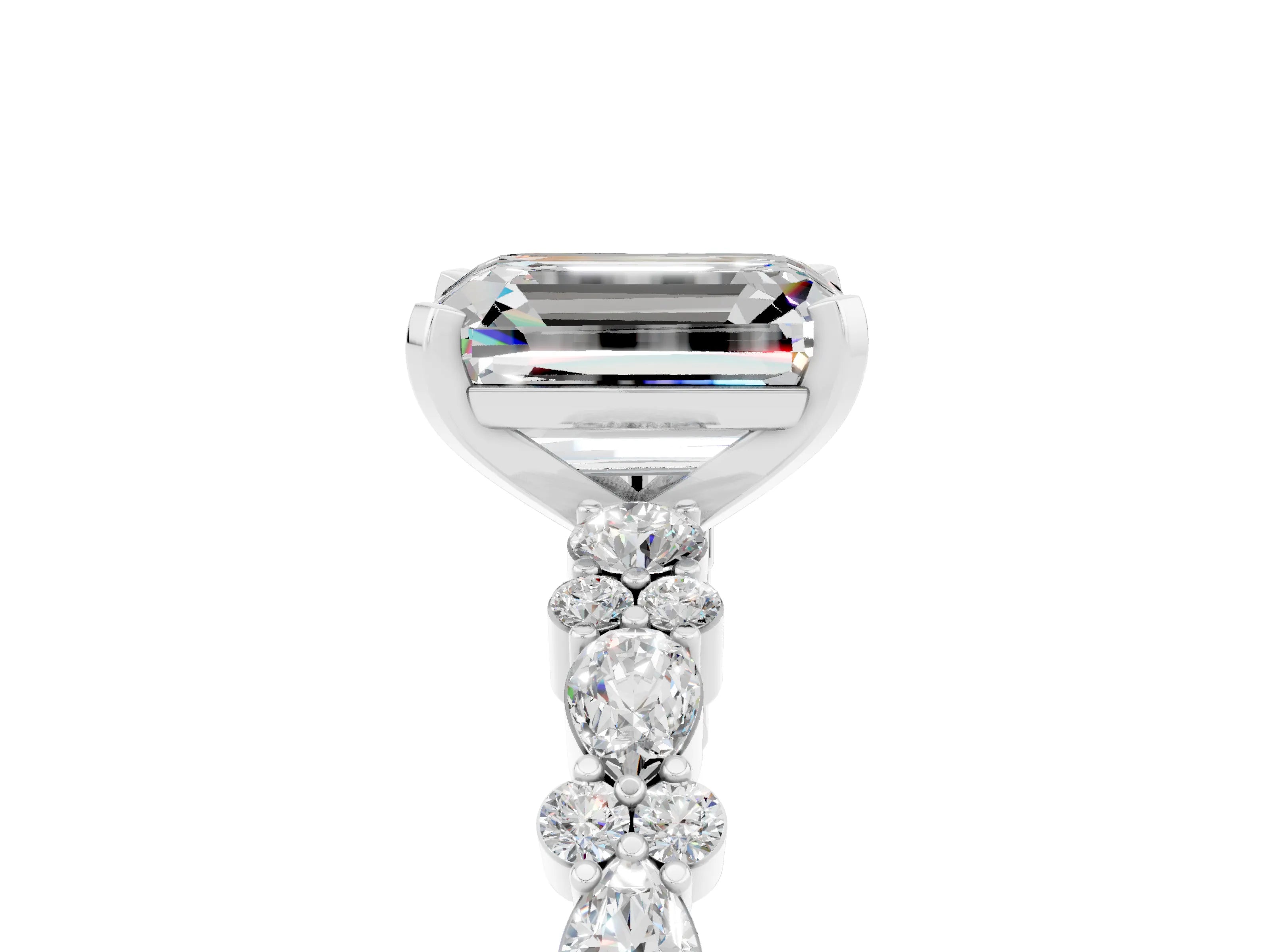 White gold Emerald Cut Moissanite Side Stone Solitaire Ring with Round  and Four-Prong Setting_65