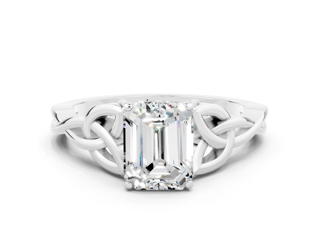 White gold Emerald Cut Moissanite Solitaire Celtic Knot Ring with Four-Prong Setting_12